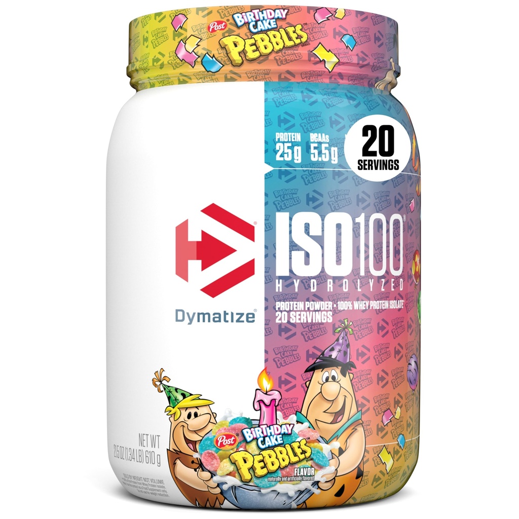 Dymatize x Compleanno Cake Pebbles ISO100 Whey Protein Powder Isolate, 25g di Proteine, 5.5g BCAAs, 120 Cal., Gluten Free, 1g Fat, 1g Sugar, 2g Carb (20 Servings)