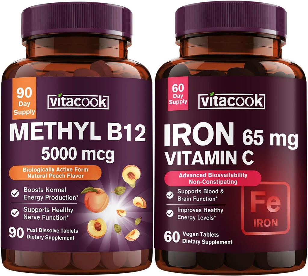Ferro e vitamina B12 Bundle, 5000 mcg B12, Zucchero Zero, Ferro al carbonio con vitamina C, Gentle su Lo Stomach