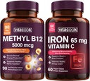 Ferro e vitamina B12 Bundle, 5000 mcg B12, Zucchero Zero, Ferro al carbonio con vitamina C, Gentle su Lo Stomach