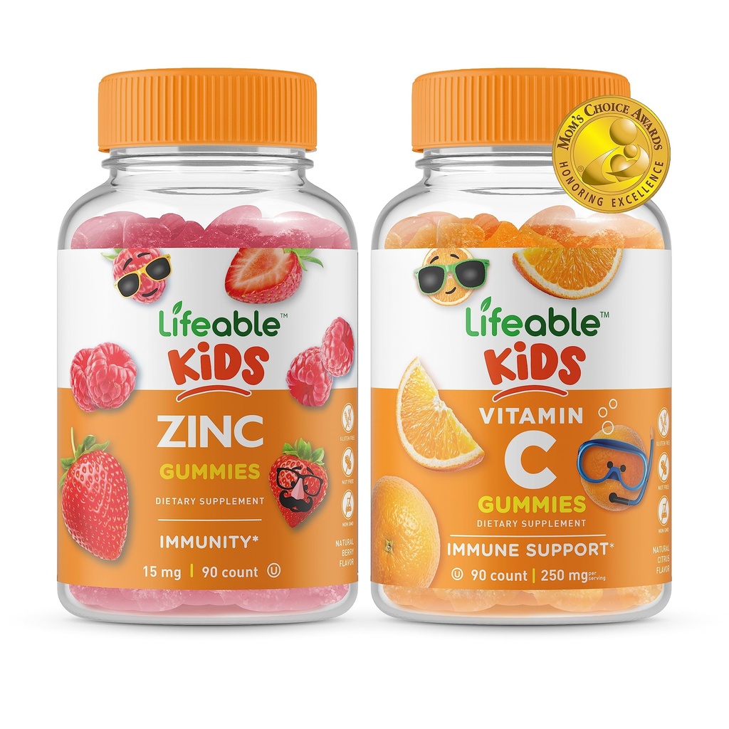 Bambini di zinco vitali + Vitamina C Bambini, Gummies Bundle - Grande degustazione, Supplemento di vitamina, Senza glutine, OGM libero, pancia masticabile