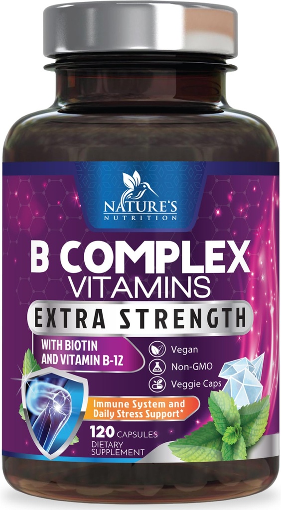 B Complex Vitamine Capsule - con Vitamina B12 B6 B100 C Biotin Folate & Folic Acid - Supplemento per Cuore, Cervello, & Nerve Support - Super Complete B-Complex per Supporto Immune & Energy - 120 Capsule