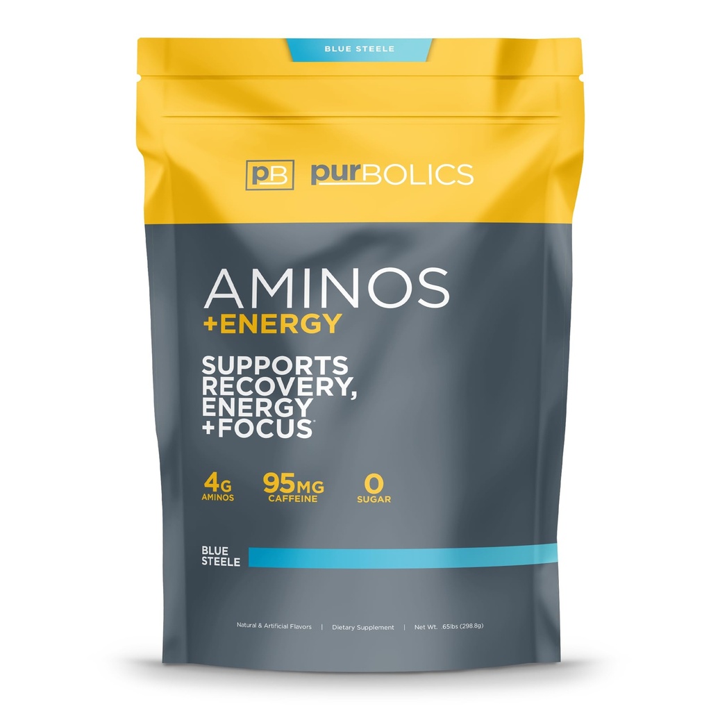 Purbolics Aminos + Energy | Supports Recovery, Energy & Focus | 95mg di caffeina, 0 Calorie & 60 Serve (Blue Steele)