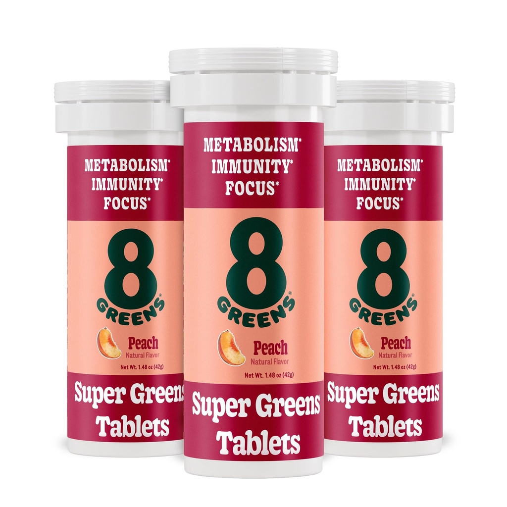 8Greens Supergreens Tablet | Super Greens Powder Superfood Tablet, Metabolismo Immunity & Focus, Daily Greens Effervescent Tablets, Organic: Aloe Vera, Spirulina, Chlorella, Peach, 30 Servings