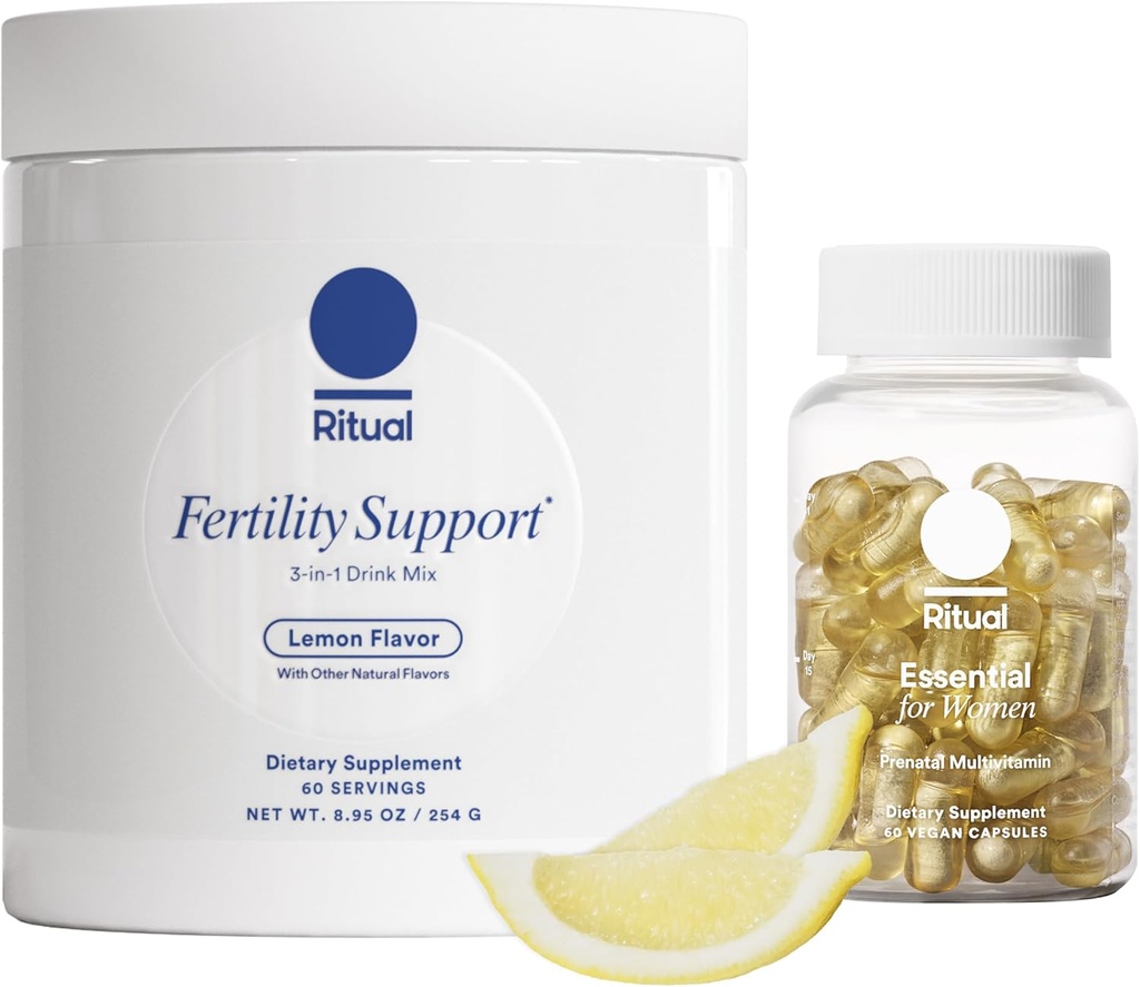 Bundle di preconcezione rituale: essenziale per le donne Prenatal Multivitamin e Lemony Fertility Support Drink Mix Supplement con NAC, CoQ10 e Myo-Inositol. Vegan e Formulato per sostenerla.*