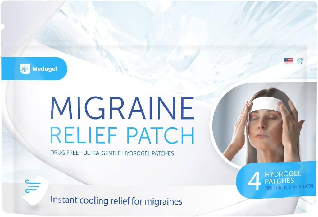 Migraine Relief Patch, Cooling Patches per Migraine, Fever, Hormone, & Headaches, Mess & Odor-Free Hydrogel Cooling, Made in the USA, 1 Pack (4 x Patches) Bianco
