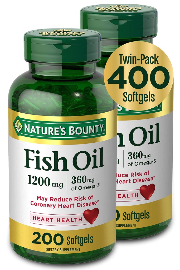 Bounty Fish Oil, Integratore alimentare con 360mg Omega-3, Supporta la salute del cuore, 1200mg, 200 Softgels (Pack of 2)