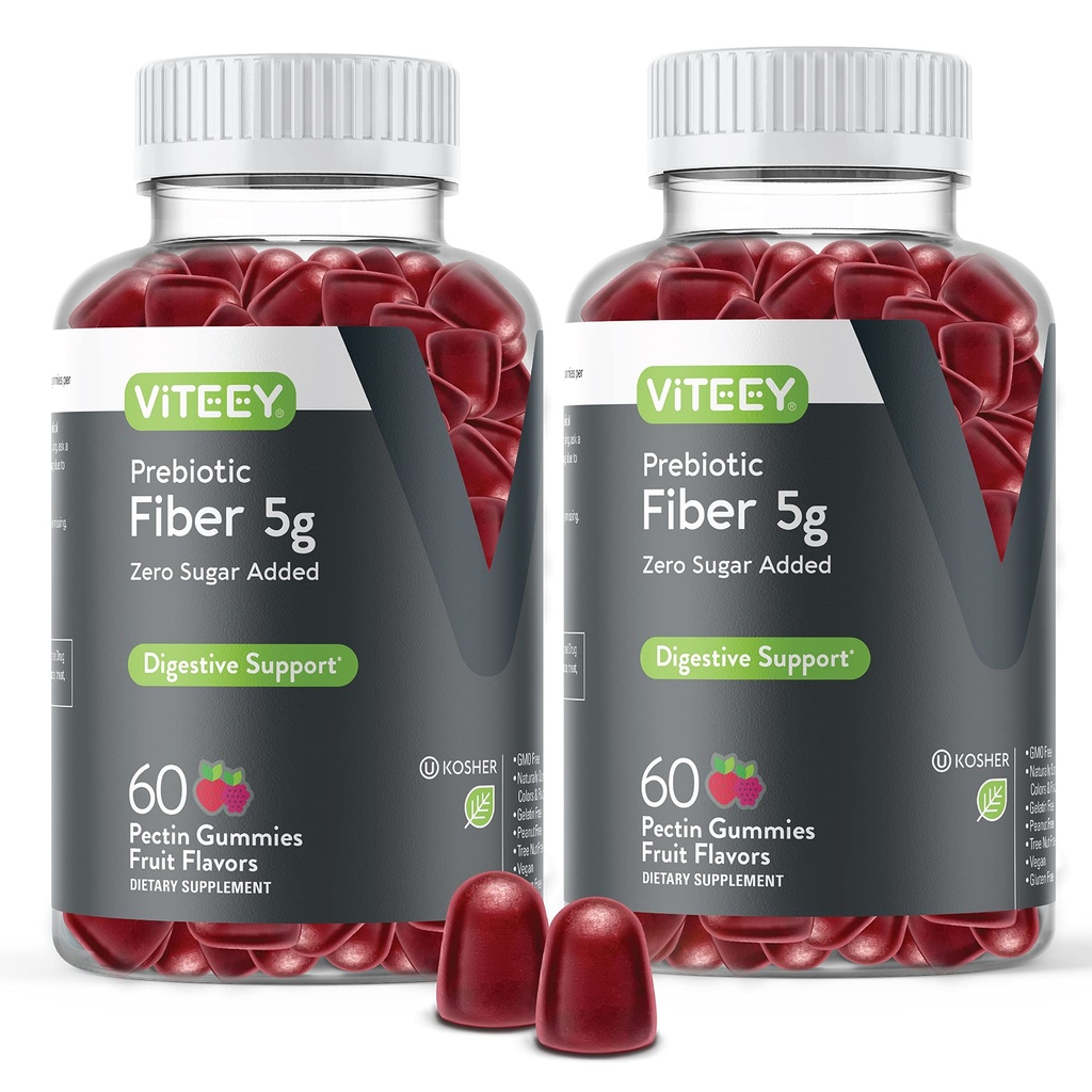 Viteey Prebiotic Fiber Gummies per Adulti, 5g - Gut Health & Digestive Soluble Fiber Supplement Gummies - Zero Sugar Aggiunto, Vegan, Gluten-Free - 120 Count