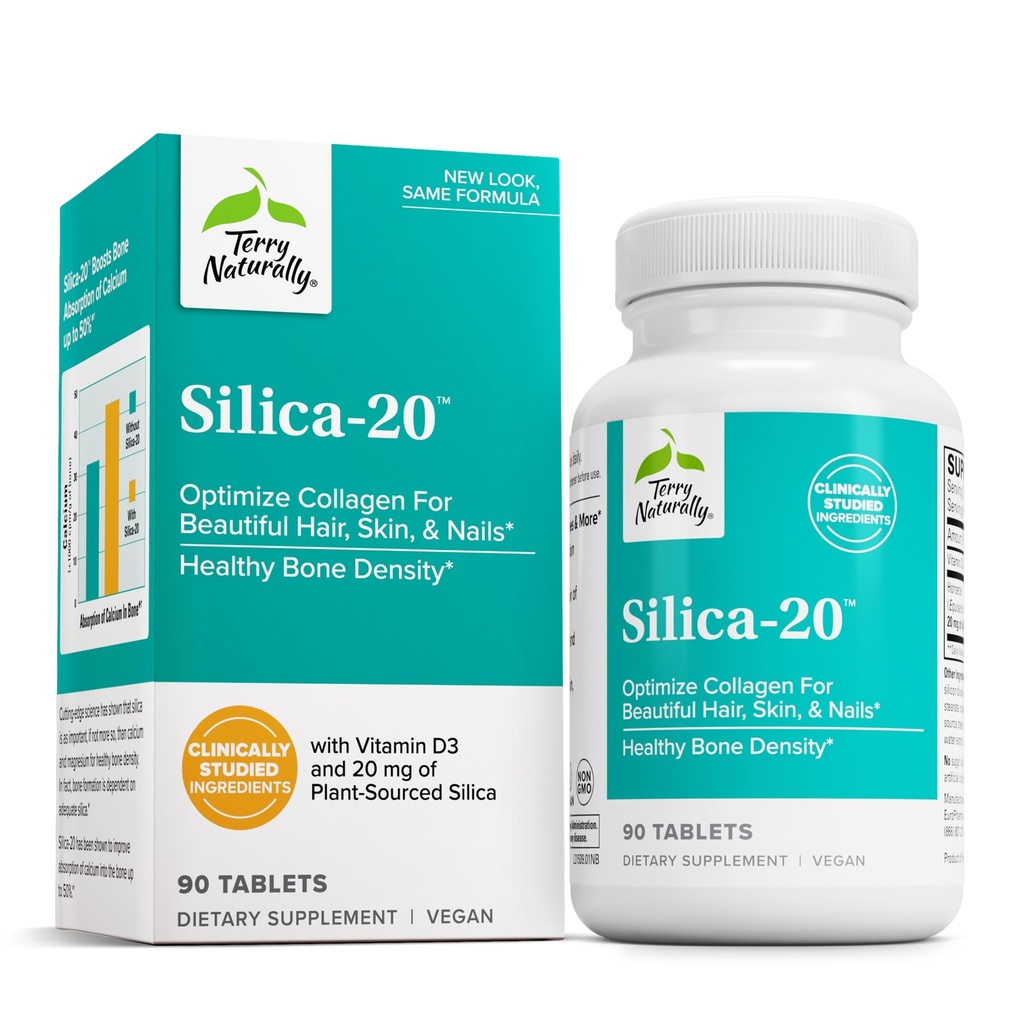 Terry Naturally Silica-20 - Supporto per la crescita dei capelli e la resistenza alle unghie - Supplemento al collagene per aiutare la densità e la resistenza dei denti - Integratore per la cura della pelle di sostegno, Nail & Bone Health - 90 compresse