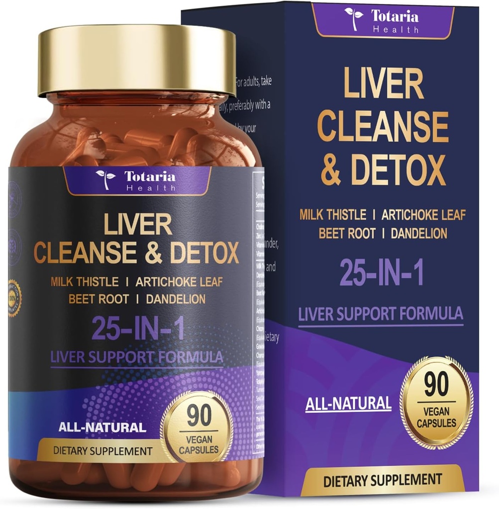 Detox e Riparazione del fegato 25-in-1 con il cardo del latte, radice di dente di leone, radice di barbabietola, estratto di carciofo per il fegato Salute Herb Liver Supporto Supplemento Vitamine Zinco, Choline 90 Vegan Capsule