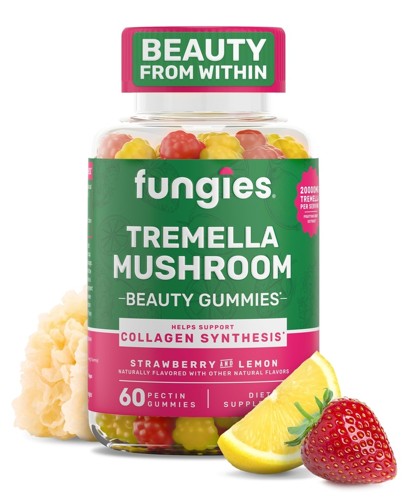 Fungies Tremella Mushroom Gummies, Mixed Strawberry & Lemon Flavor - Mushroom Herbal Supplement Gummy for Adults Supports Collagen Sintesi, Healthy Skin & Healthy Aging - Beauty Gummies 60 Servings
