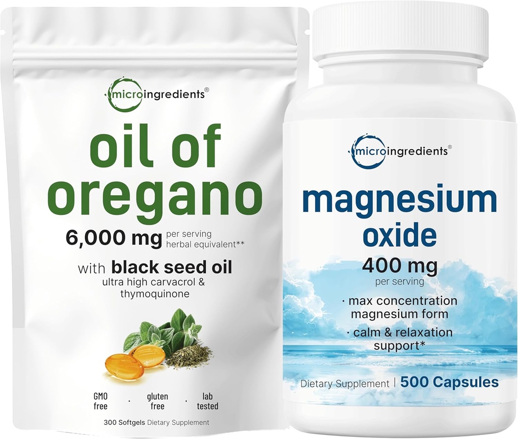 Micro Ingredienti Olio di Oregano Softgels 6.000mg Per Serving & Magnesium Oxide 400mg Bundle Pack | 4X Strength Carvacrol & Thymoquinon | Forma Elementale per Max Concentrazione