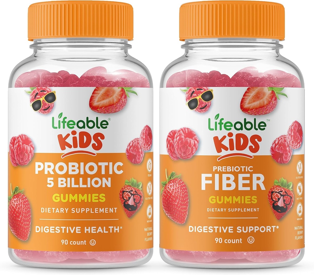 Probiotici vitali 5 Miliardi di bambini + Prebiotici Fiber Kids, Gummies Bundle - Grande Assaggio, Integratore di vitamina, Senza glutine, OGM Free, Gomma masticabile