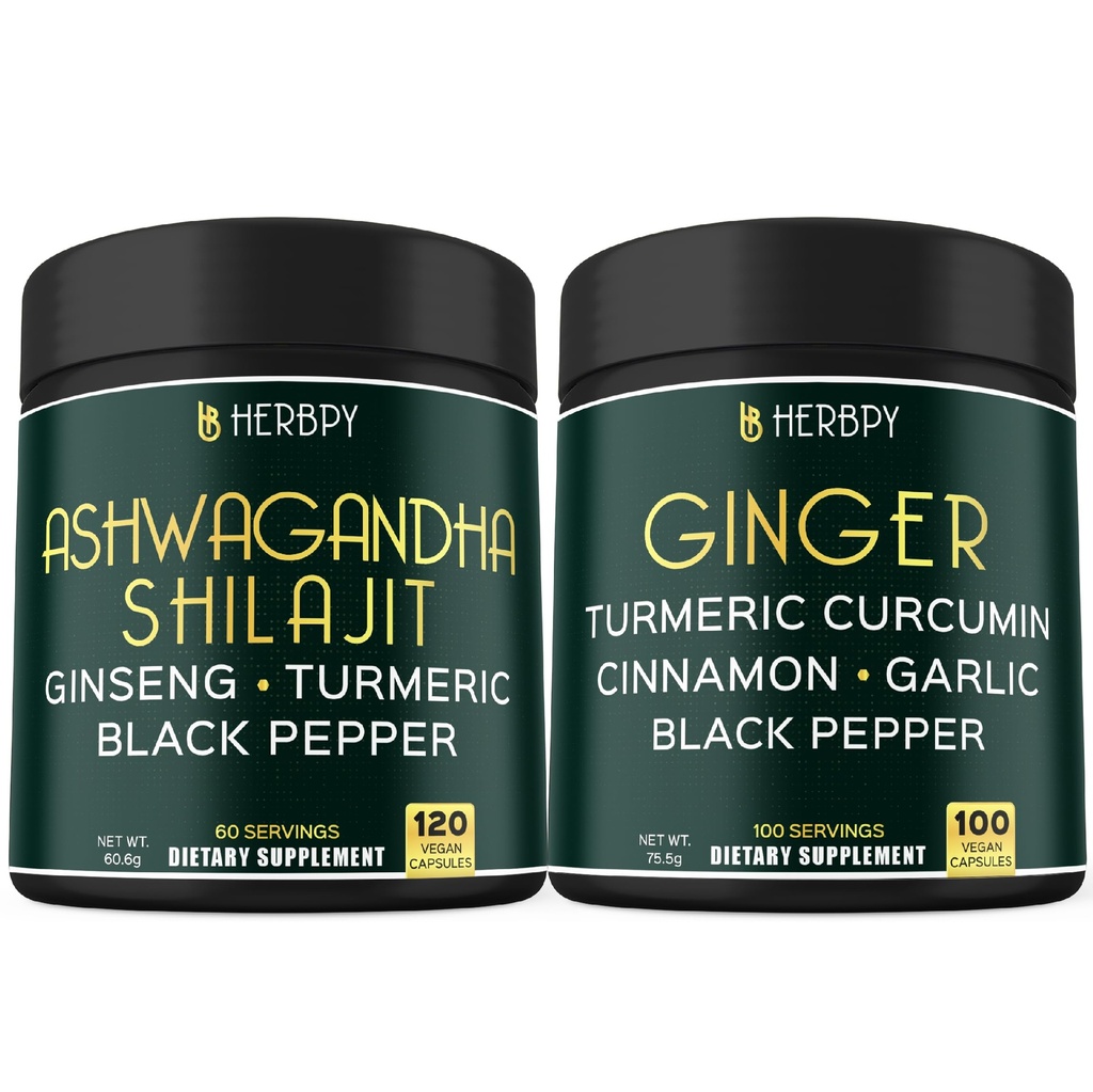 Bundle 5in1 Ashwagandha Shilajit & 5in1 Ginger Supplement - Cuore di supporto, Salute della digestione e Immune