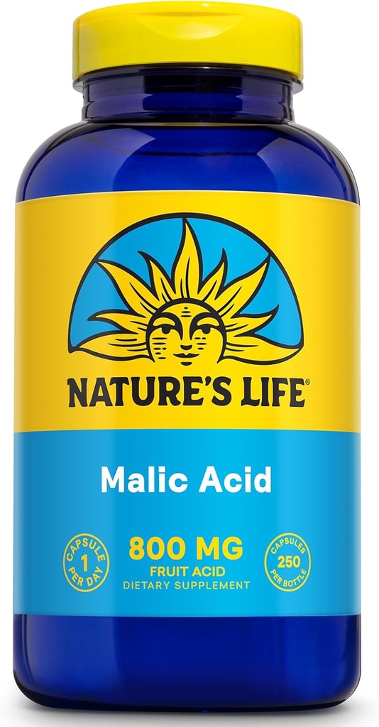 Integratore di acido malico di vita della natura 800 mg - Funzione muscolare sana e supporto di energia cellulare - Acido di frutta dietetico - Garanzia di rimborso di 60 giorni, Lab verificato - 250 porzioni, 250 capsule