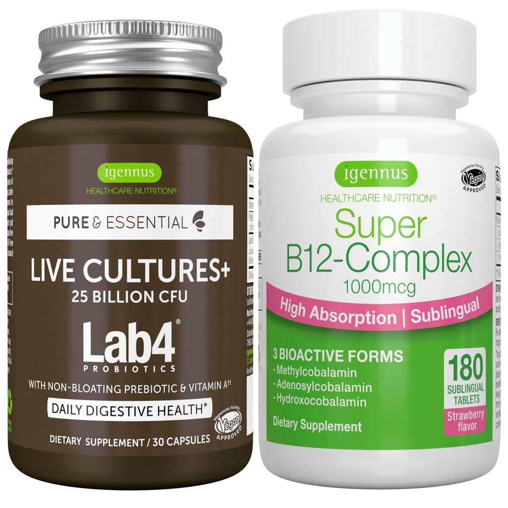 Cultura dal vivo+ Lab4 Probiotici + Super B12-Complex, Vegan Bundle, 25 miliardi di CFU Lactobacillus Acidophilus e Bifidobacterium + Alto assorbimento Sublingual B12, di Igennus