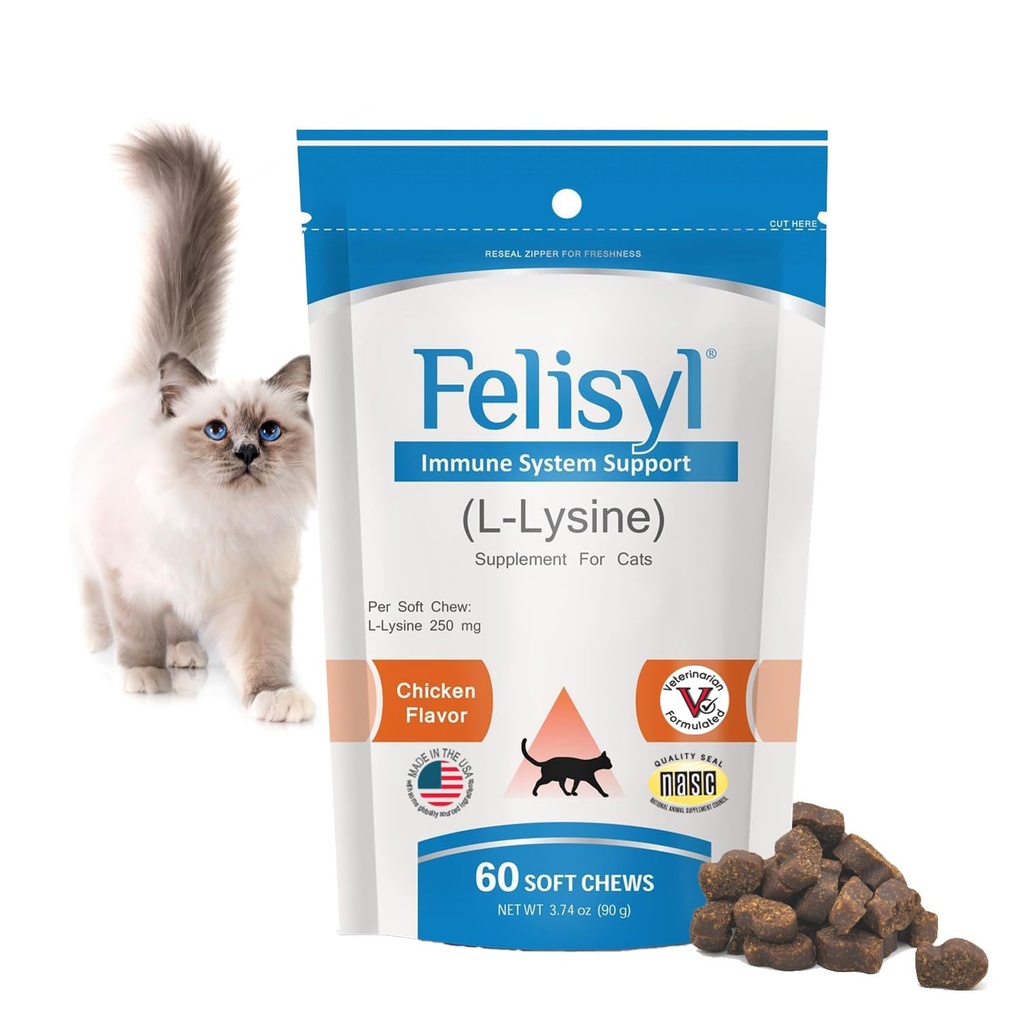 Felisyl Immune System Support for Cats - Amino Acid L-Lysine - Produci Antibodies - Tessuto sano, Salute respiratoria, Vision - 60 Soft Chews