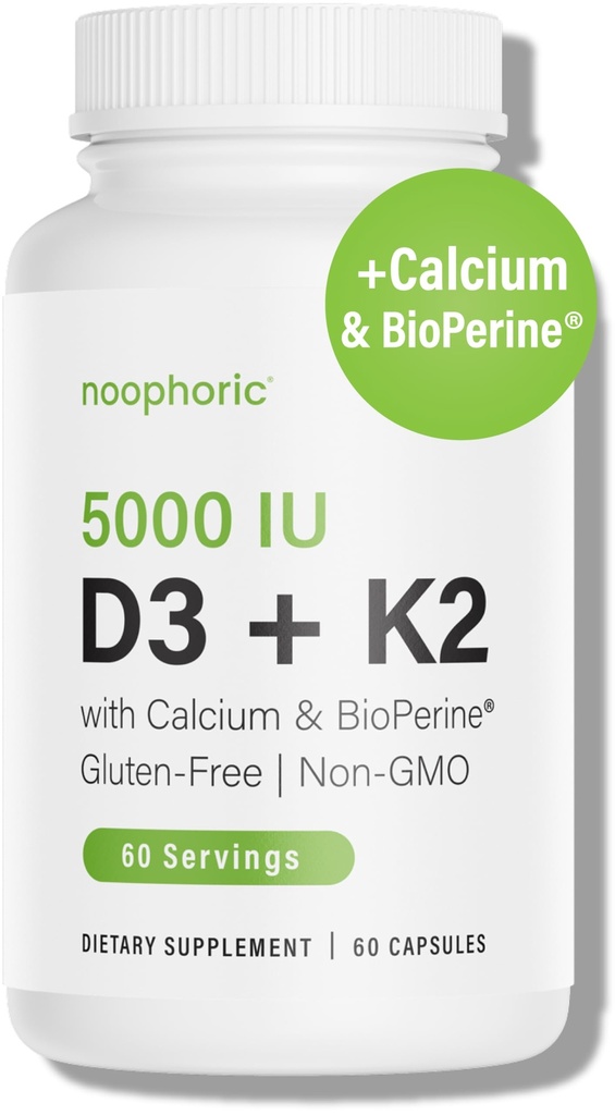 Noophoric D3 K2 Vitamina 5000 IU - Vitamina K2 100 mcg MK7, Calcio, BioPerine - Integratore di supporto per la salute e l'immunità - Gluten-Free, Non-GMO - Integratore di vitamina D3 K2 (60 Serve)