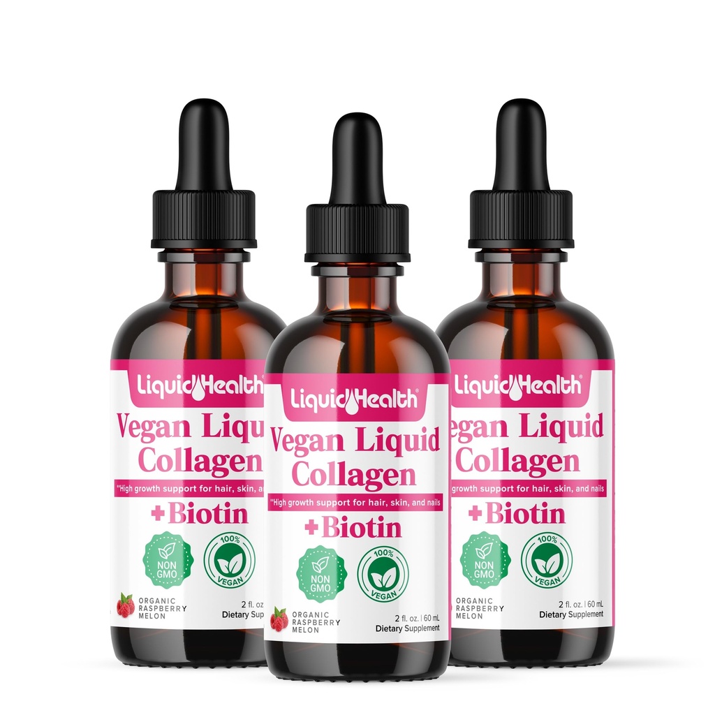 LIQUIDHEALTH 100% Vegan Collagen Plus Biotin 100.000mcg Liquid Drops - Collage liquido a base vegetale per le donne e gli uomini - Hair & Nail Growth, Skin Health, Migliora il metabolismo - Made in USA, Non-GMO (3 Pack)