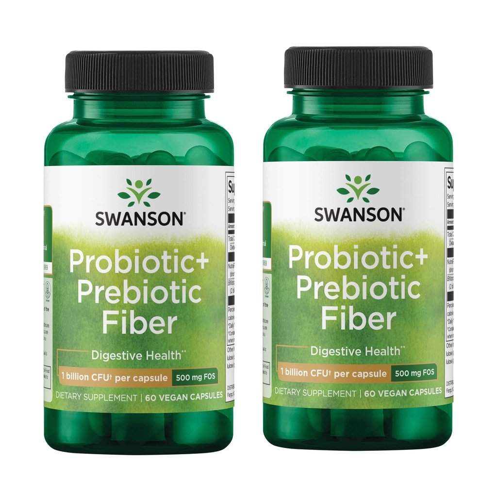 Swanson Prebiotic + Fibra Probiotica - Integratore Naturale Promuovere il Sistema Digestivo & Assistenza Sanitaria Immune - Aids Regolarità & GI Tratta Salute - (60 Capsule, 500 Milioni di CFU Ogni) (2 Confezione)