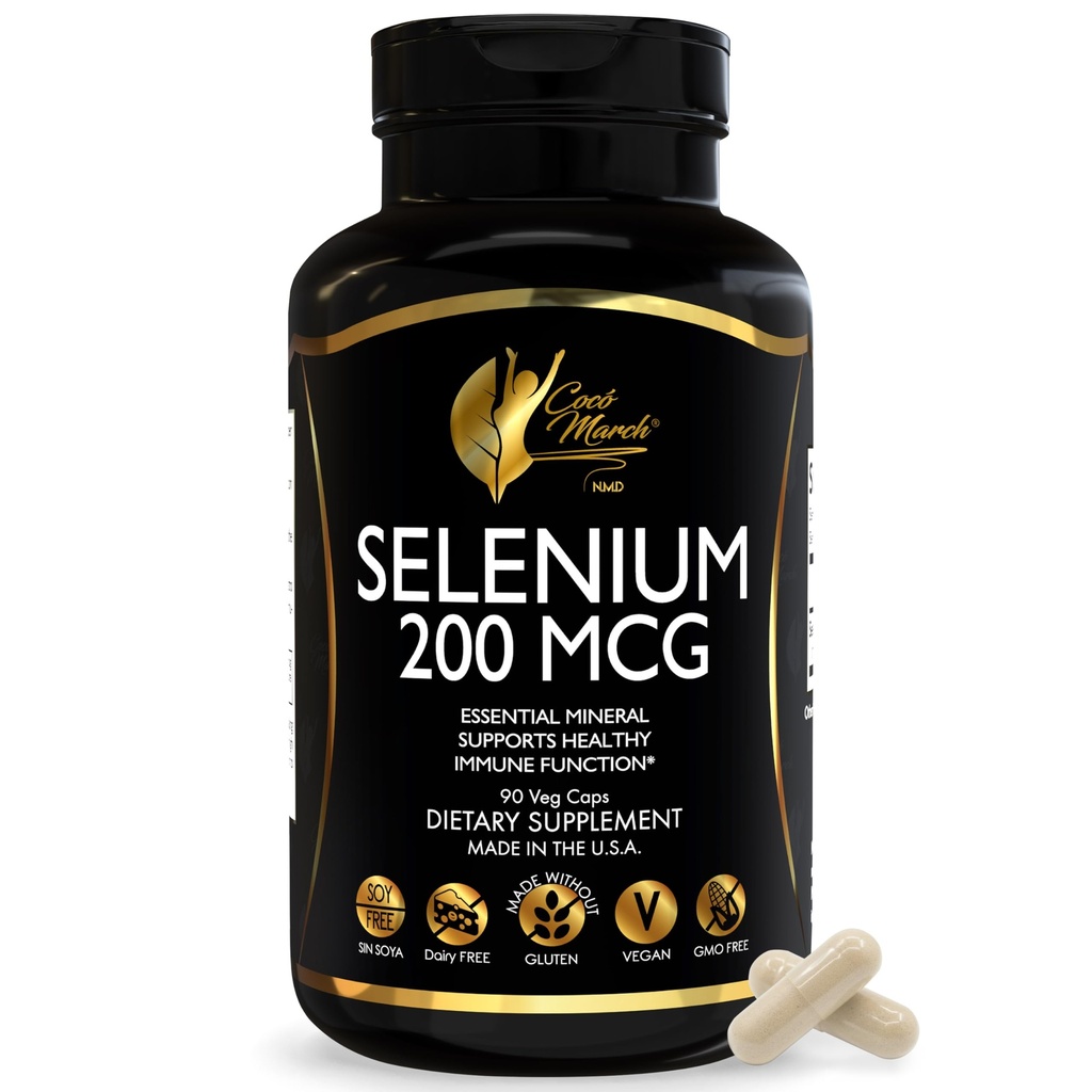 Cocó Marzo N.M.D. Selenium 200 mcg – Thyroid & Immune Support Supplement – Minerale essenziale per il metabolismo e la difesa antiossidante – Gluten Free, Dairy Free & Vegan – 3 mesi di alimentazione, 90 capsule di Veg