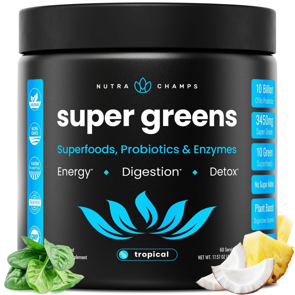 NutraChamps Super Greens Powder Premium Superfood | 20+ Organic Green Veggie Whole Foods | Wheat Grass, Spirulina, Chlorella | Antioxidant, Digestive Enzyme & Probiotic Blends (9.1 OZ, Tropicale)