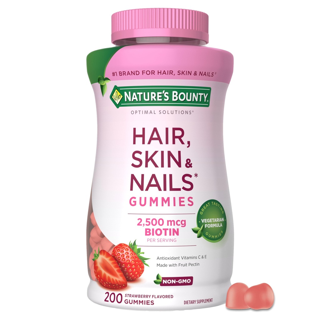 Soluzioni ottimali per capelli, pelle e unghie pectina pectine, 2500 mcg Biotin Per porzione, No Stick Gummy, Formula vegetariana, Fragola Flavor, 200 conteggio, 100 Total Servings
