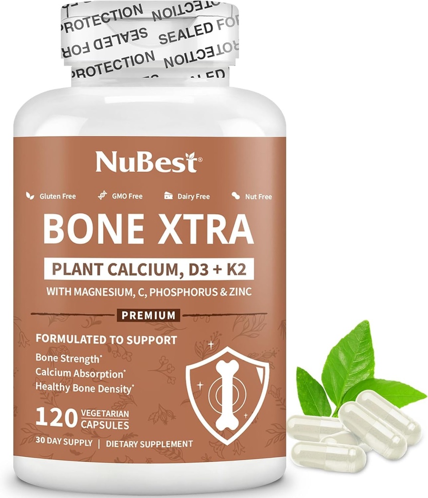 NuBest Bone Xtra - Plant Based Bone Strength, Strontium Boost with Strontium Citrate, Calcium, Magnesium from Marine Algae, Phosphorus, Vitamina C, K2, D3 | Maximum Calcium Absorption