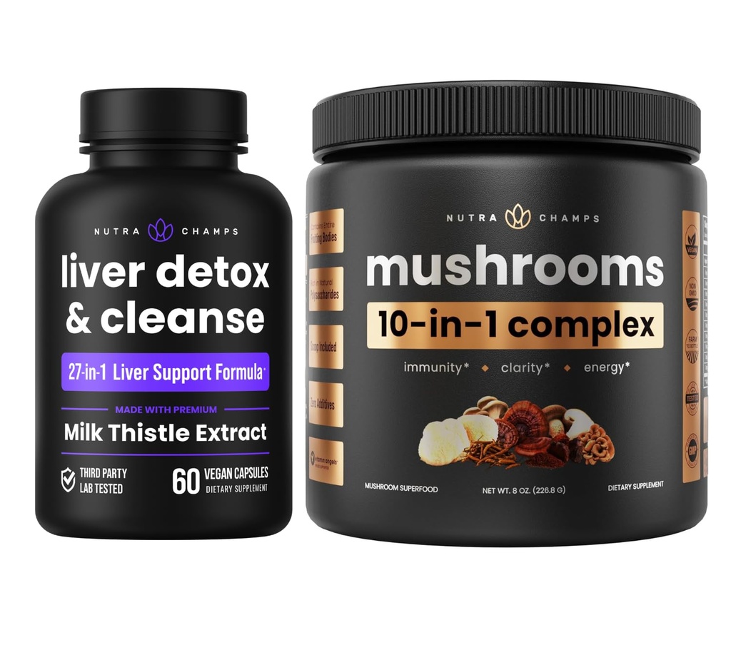 NutraChamps fegato Detox & Mushroom Powder - Cognizione, Detox & Immunity Bundle