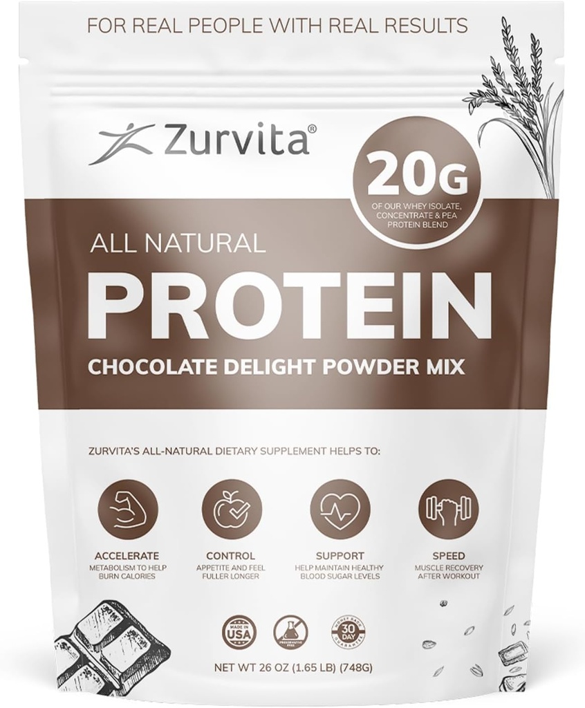 Zurvita - Cioccolato Delight Protein Powder - 20g Protein, Probiotici, 24+ Vitamine e Minerali - No Dolcificiali - 26oz (20 Serve)