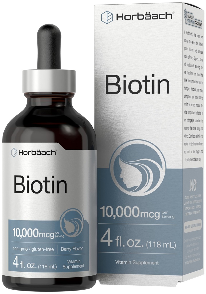 Horbäach Biotin Liquid Drops 10000mcg | 4 fl oz | Berry Flavor | Vegetariano, Non OGM & Gluten
