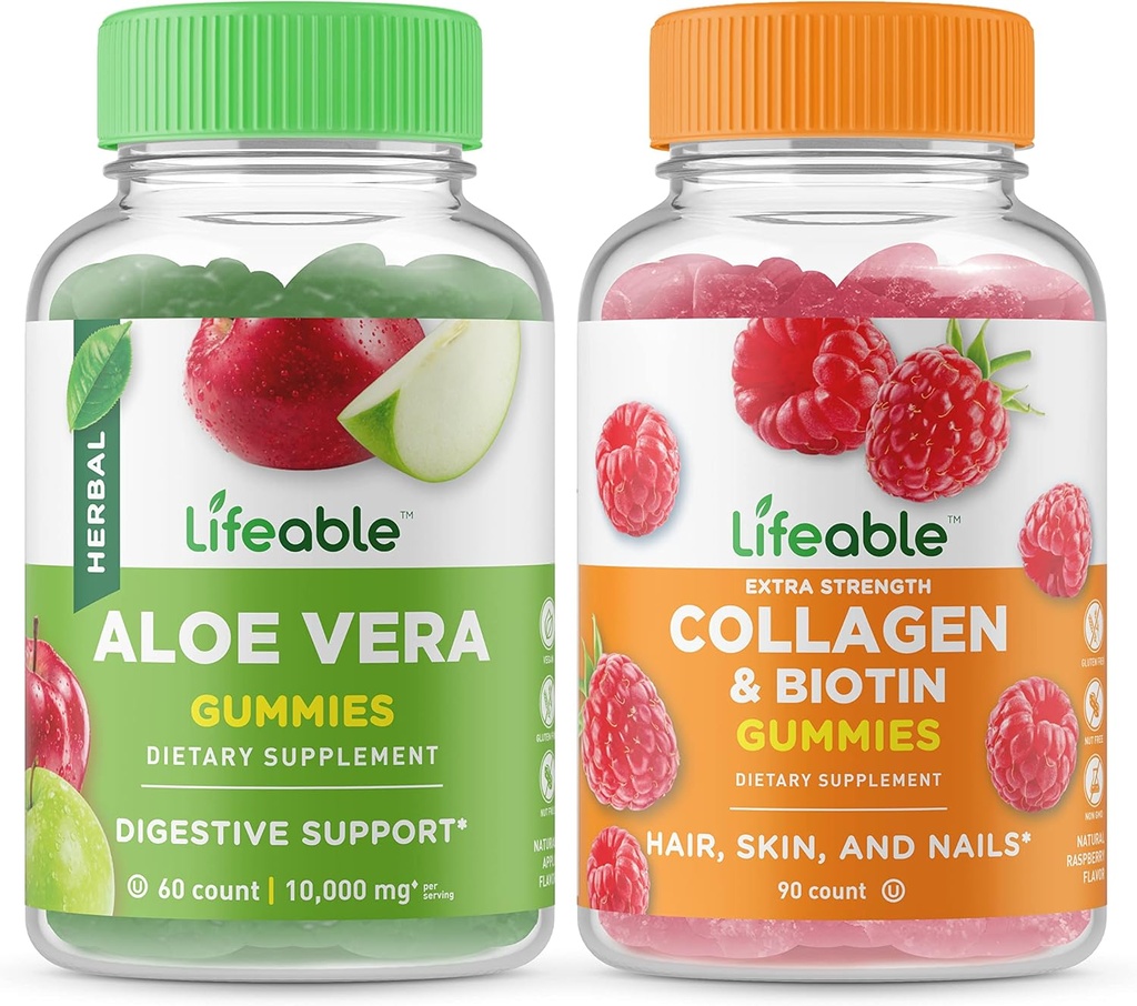 Aloe Vera Lifeable + Collagen & Biotin, Gummies Bundle - Grande Degustazione, Integratore di vitamina, Senza glutine, OGM Free, Masticabile