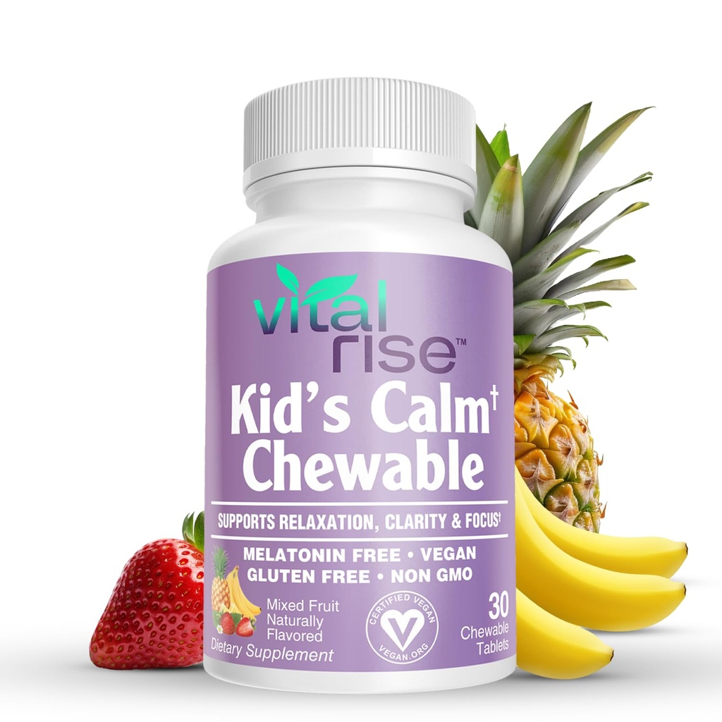 Bambini Magnesio Chewables - Supplemento giornaliero, Zucchero-Free & Melatonin-Free, Supporta una risposta di stress sano, Magnesio veloce assorbente con L-teanina, Frutta mista aroma, 30 Conte