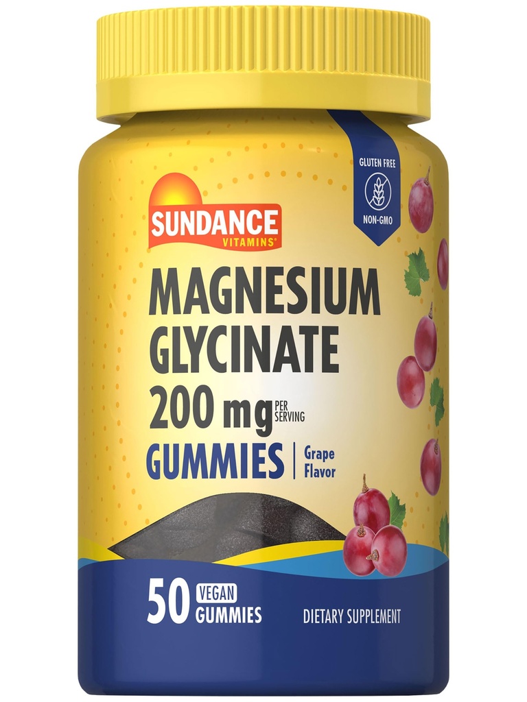 Sundance Magnesium Glycinate Gummies | 200mg | 50 Count | Uva Flavor | Vegan, Non OGM e Gluten Free Supplement