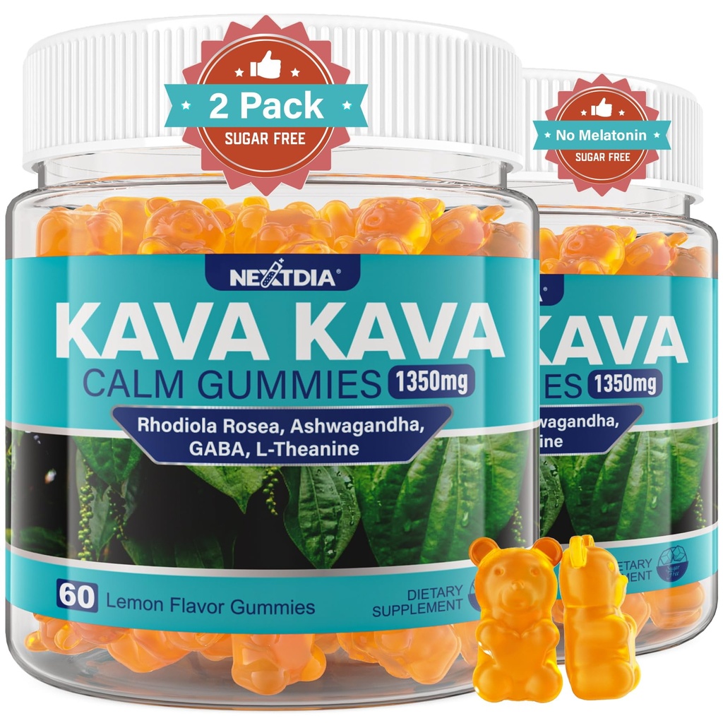 Kava Kava Gummies, Gummies Calma senza zucchero w/Rhodiola Rosea, Ashwagandha, L-teanina, GABA, Melatonin-Free Kava Blend for Relaxation, Calm and Focus - Alternative to Kava Powder Capsules, Vegan 120 Ct