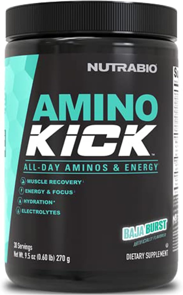 NutraBio Amino Kick – Polvere BCAA con caffeina naturale – Aminoacidi Supplemento per energia, idratazione e recupero – BCAA, elettroliti e aminoacidi – Baja Burst, 30 Serve