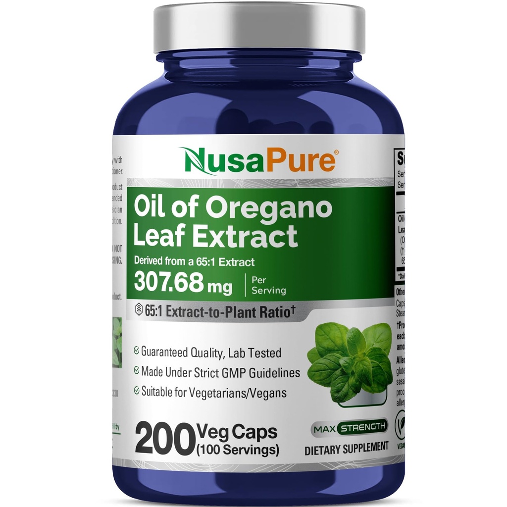 Estratto di olio di origano di NusaPure 20000mg | 200 capsule di polvere di verdure | Carvacrol naturale | Non OGM ed estratto 65:1