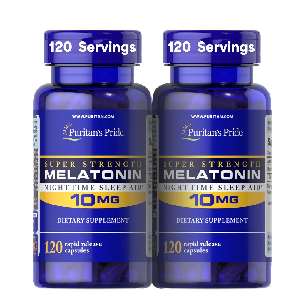 Puritan Pride Premium Super Strength Melatonin 10mg Sleep Aid, Integratore alimentare per il Suono, Riposante, & Longer Sleep Support, 4 mesi di fornitura, 120 capsule di rilascio rapido, 2 Pack (Packaging May Vary)