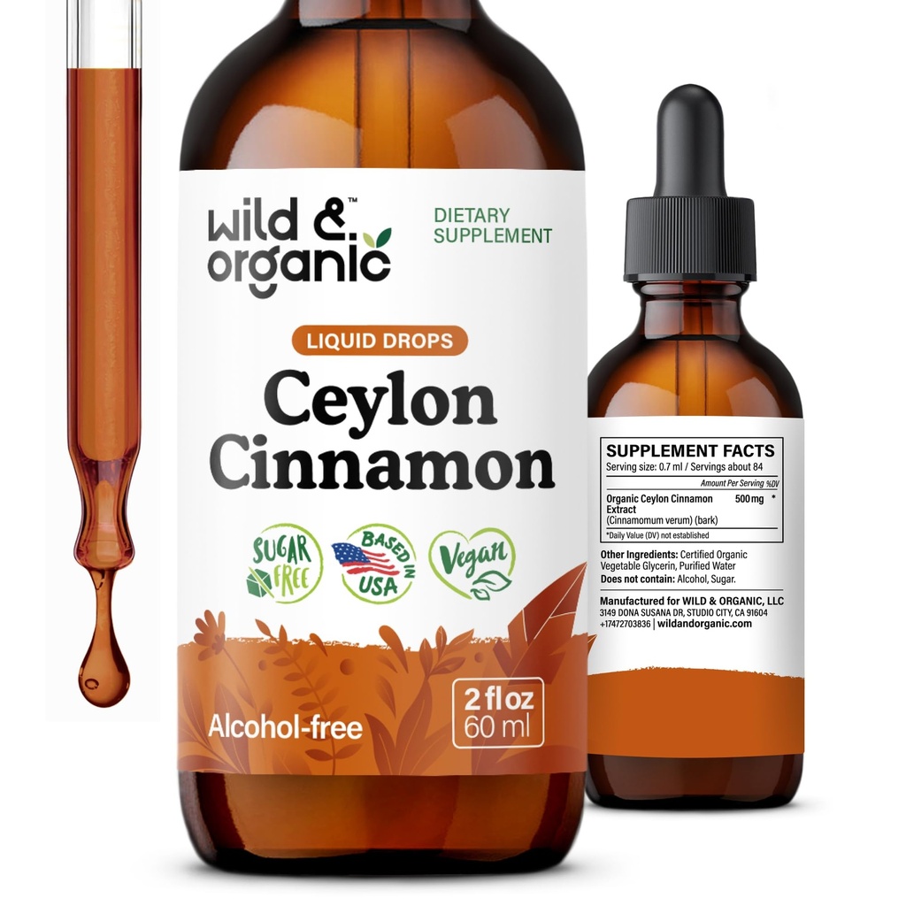 Gocce liquide 500mg - Integratori di cannella liquida per il supporto complessivo - Cinnamomum Verum Bark Tincture - Vegan, Sugar & Alcohol-Free, Non-GMO - 2 fl oz
