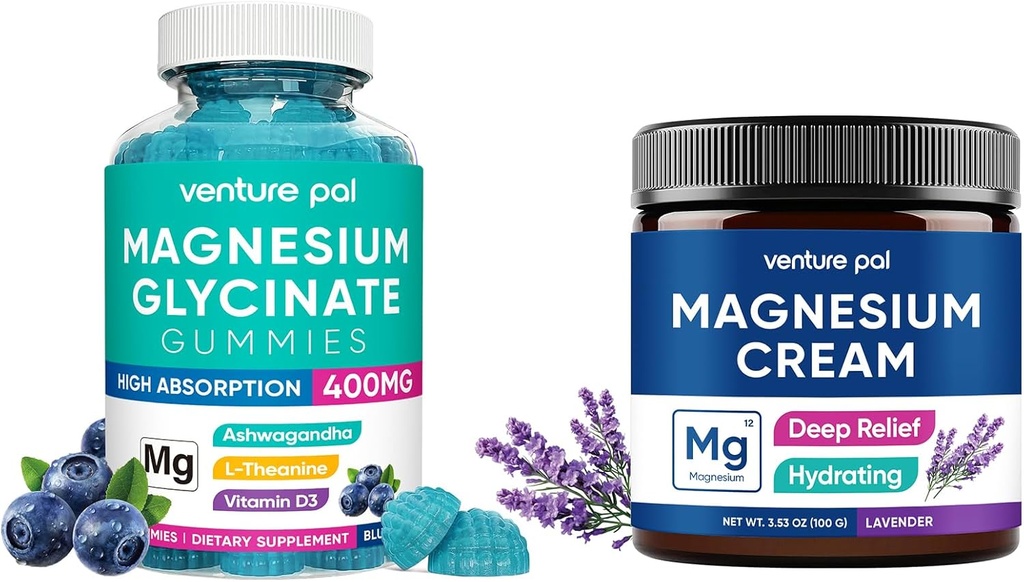Magnesio Glycinate Gummies con Ashwagandha, Crema di Magnesio - Sonno, Cramp muscolare e Rilassamento