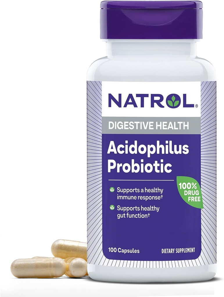 Natrol Acidophilus Probiotic 100 mg, Supplemento dietetico per la funzione sana del fegato, capsule di salute digestiva per adulti, 100 capsule, fino a un 33 giorni di alimentazione