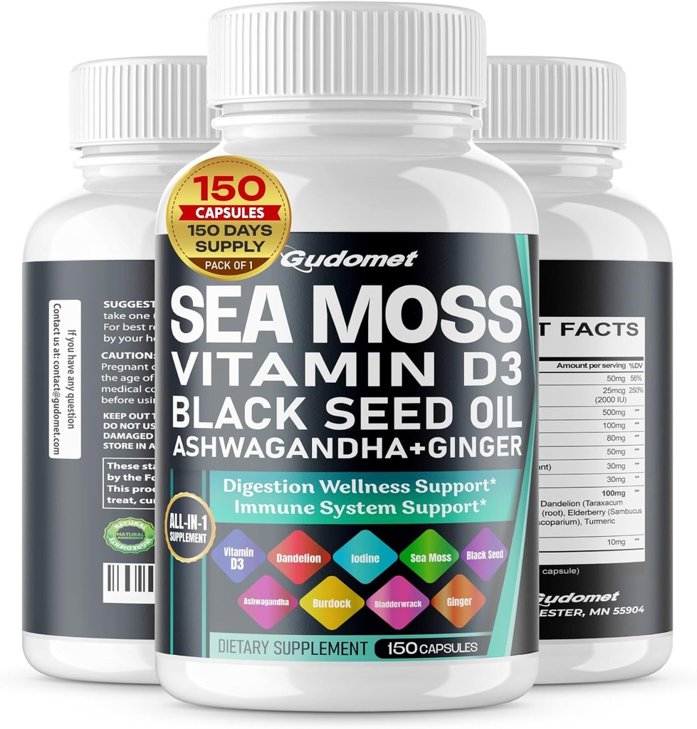 Sea Moss Black Seed Oil - Integratore All-in-1 con Vitamina C Vitamina D3 Ashwagandha Burdock Bladderwrack Ginger Apple Cider Vinegar Dandelion Yellow Dock