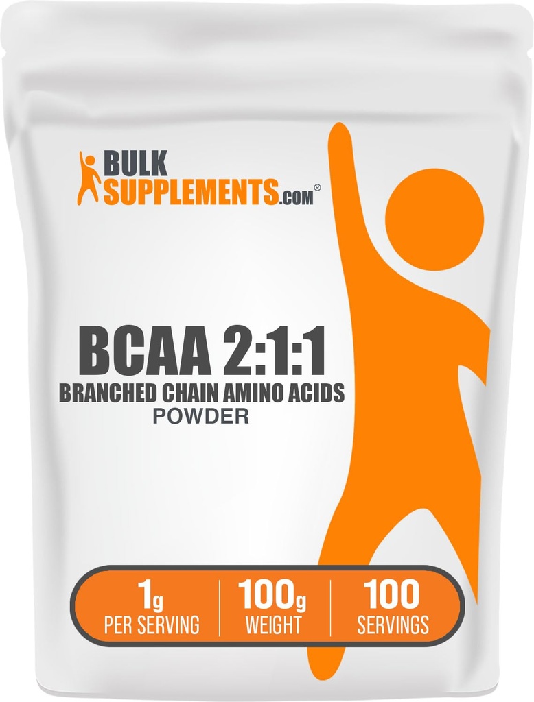 BulkSupplements.com BCAA 2:1:1:1 Polvere - Aminoacidi a catena ramificata, Polvere di aminoacidi BCAAs - senza glutine e senza glutine, 1g per porzione, 100g (3,5 oz) (pacchetto di 1)