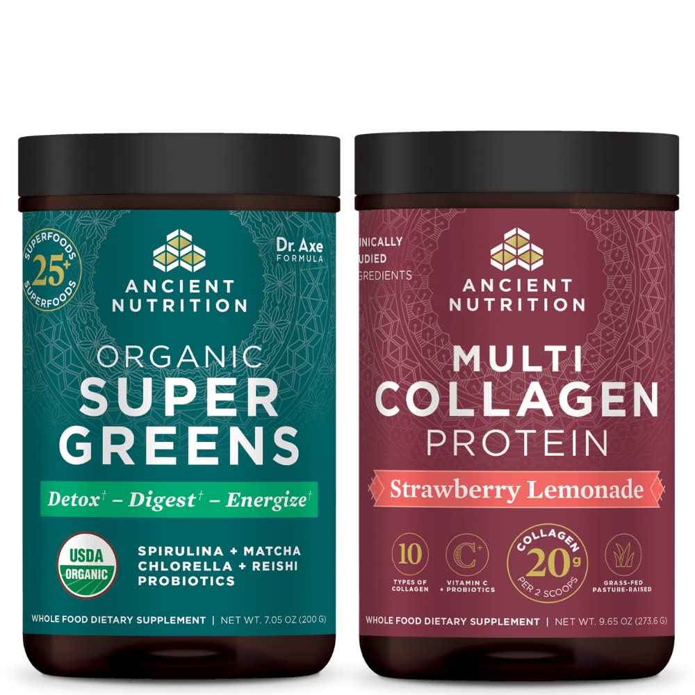 Antica Nutrition Organic Supergreens Powder, Greens Flavor, 25 Serve + Multi Collagen Protein Powder, Strawberry Lemonade, 24 Serve