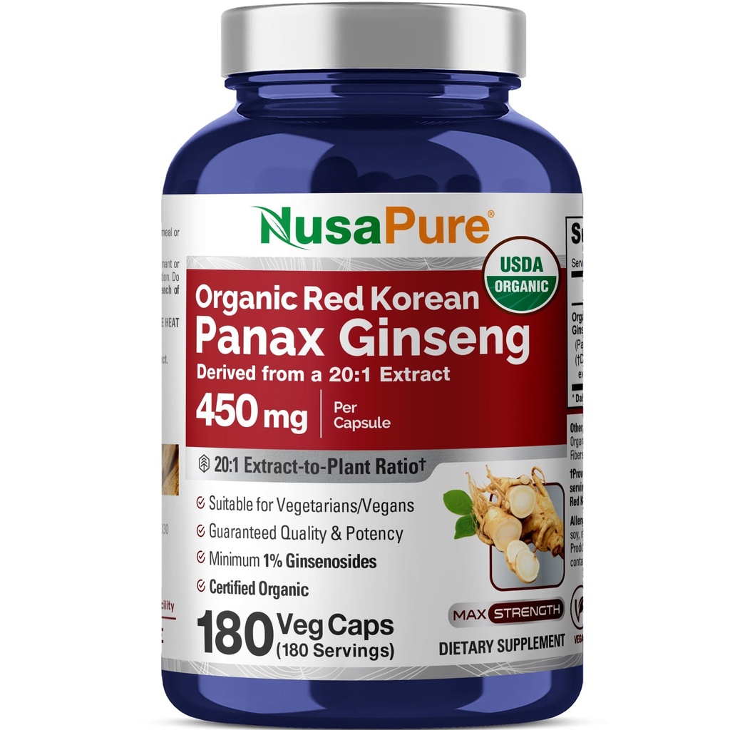 NusaPure Rosso Coreano Panax Ginseng 20:1 Estratto, 450 mg Equivalente a 9.000 mg 180 Caps Veggie (USDA Organic, Non OGM, Vegan, Vegetariano, Bioperine)