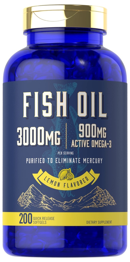 Carlyle Fish Oil 3000mg | 900mg Omega 3 | 200 Softgels | Limone aroma | Non OGM e Gluten Supplemento gratuito