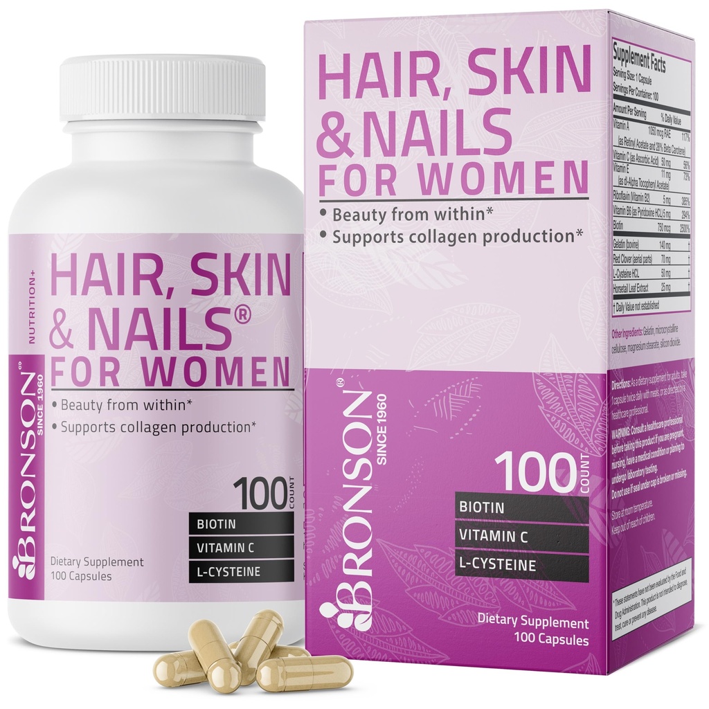Bronson Capelli, Pelle & Unghie con Biotina Supplemento di vitamina Extra Forza per le donne, 100 capsule