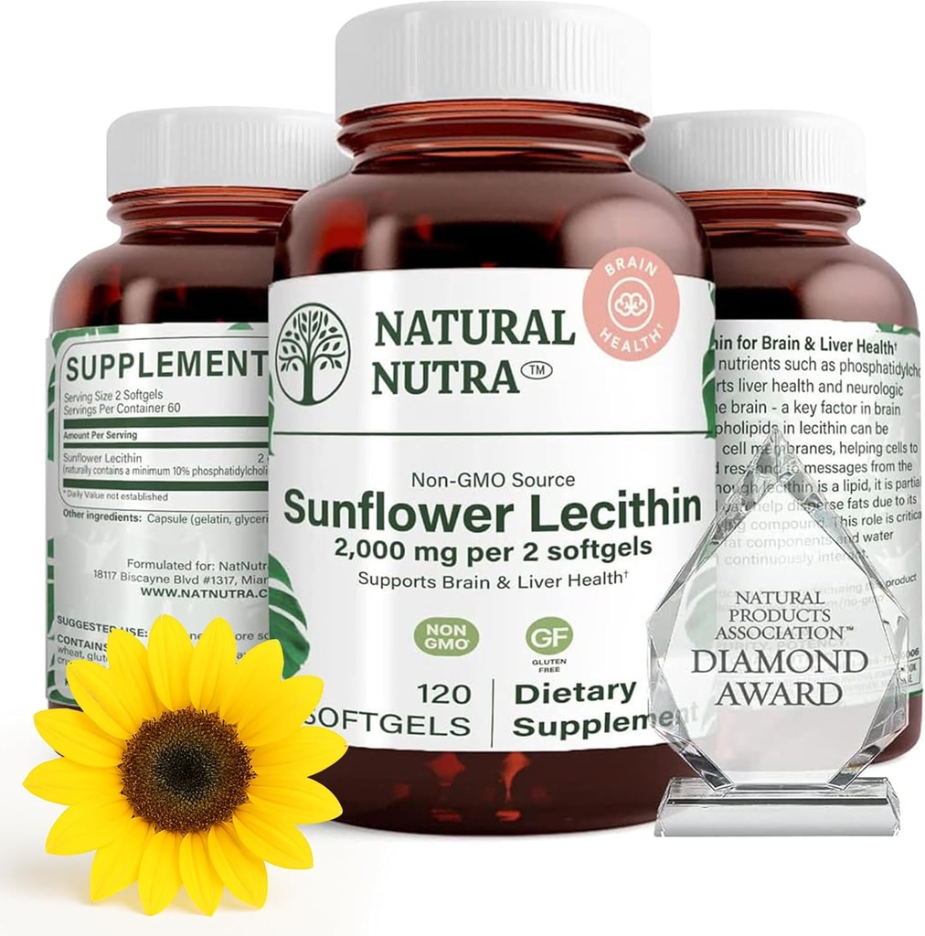 Natural Nutra Sunflower Lecithin 2000 mg Supplemento, Supporta l'allattamento mamme con latte collegato Duct Relief, Liver & Brain Health Booster, Soy Free, Non-GMO, Gluten-Free, 120 Softgels (3 Pack)