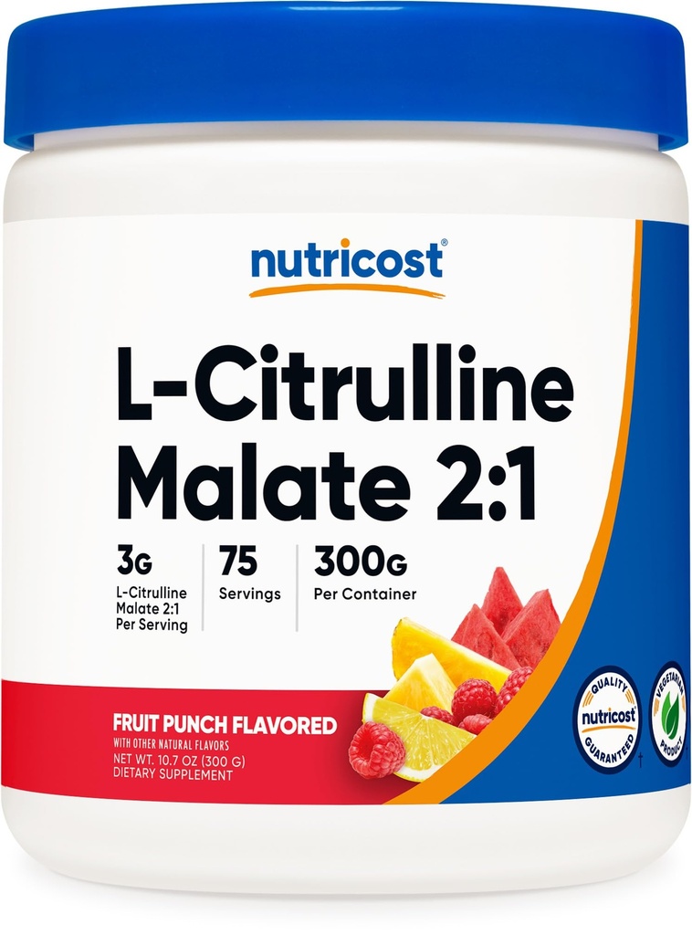 Nutricost L-Citrulline Malate 2:1 (300g) Fruit Punch - Supporto di allenamento, Prestazioni muscolari, Nitric Oxide Booster - Polvere di supplemento di fitness, 75 Servings