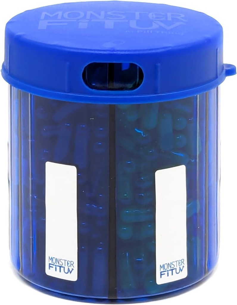 Mostro Jr Supplemento Pill Dispenser con Etichette - tiene piccole vitamine Medico Medico e facilmente Dispenser da un contenitore Include etichette di confronto (Monster Jr Blue UV - 1 Pack)