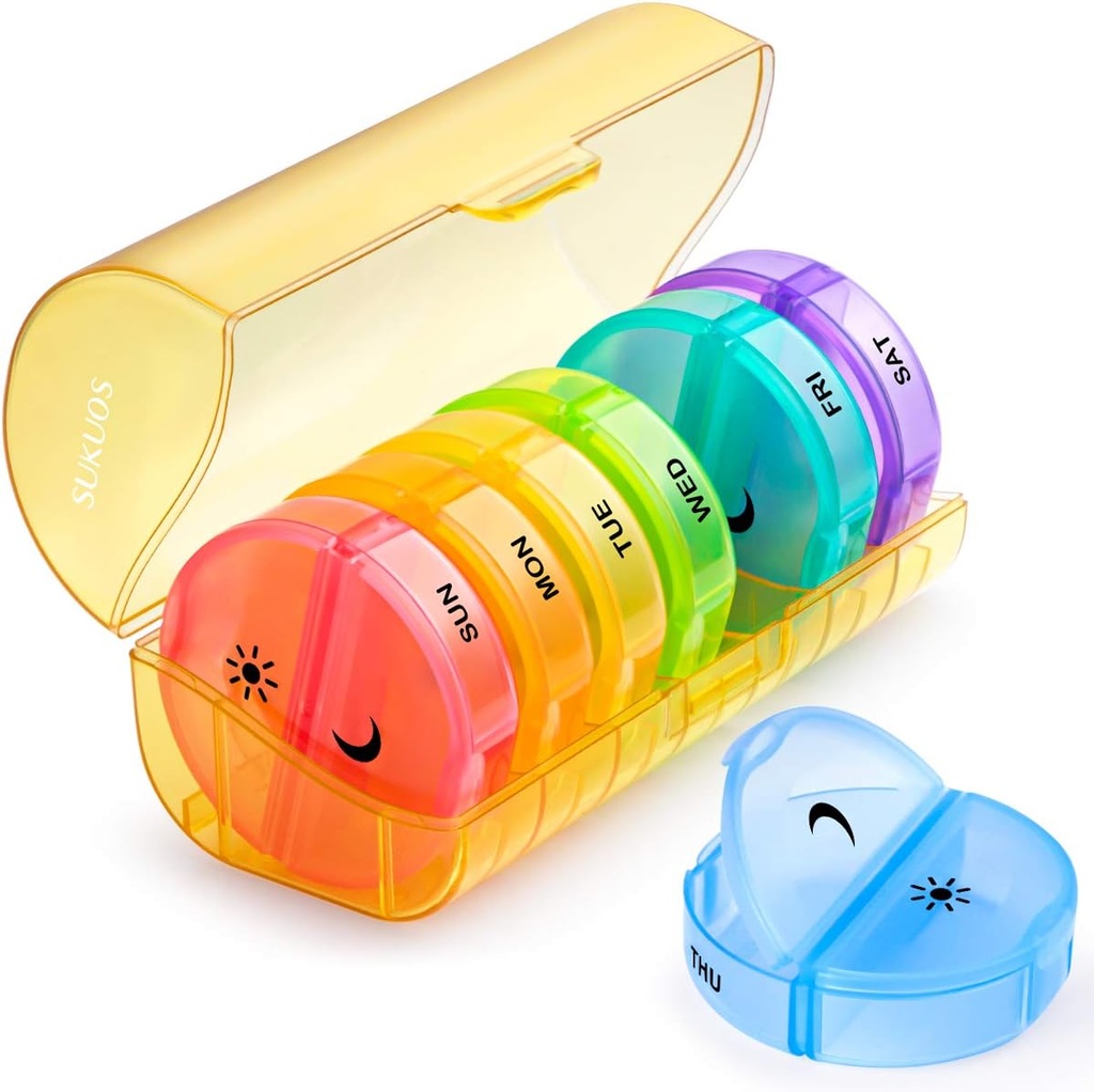 Sukuos Large Weekly Pill Organizer 2 volte al giorno, Daily Pill Box 7 giorni Facile da aprire con doppia protezione, AM PM Pill Case for Medicine/Vitamin/Fish Oil/Supplements (giallo)